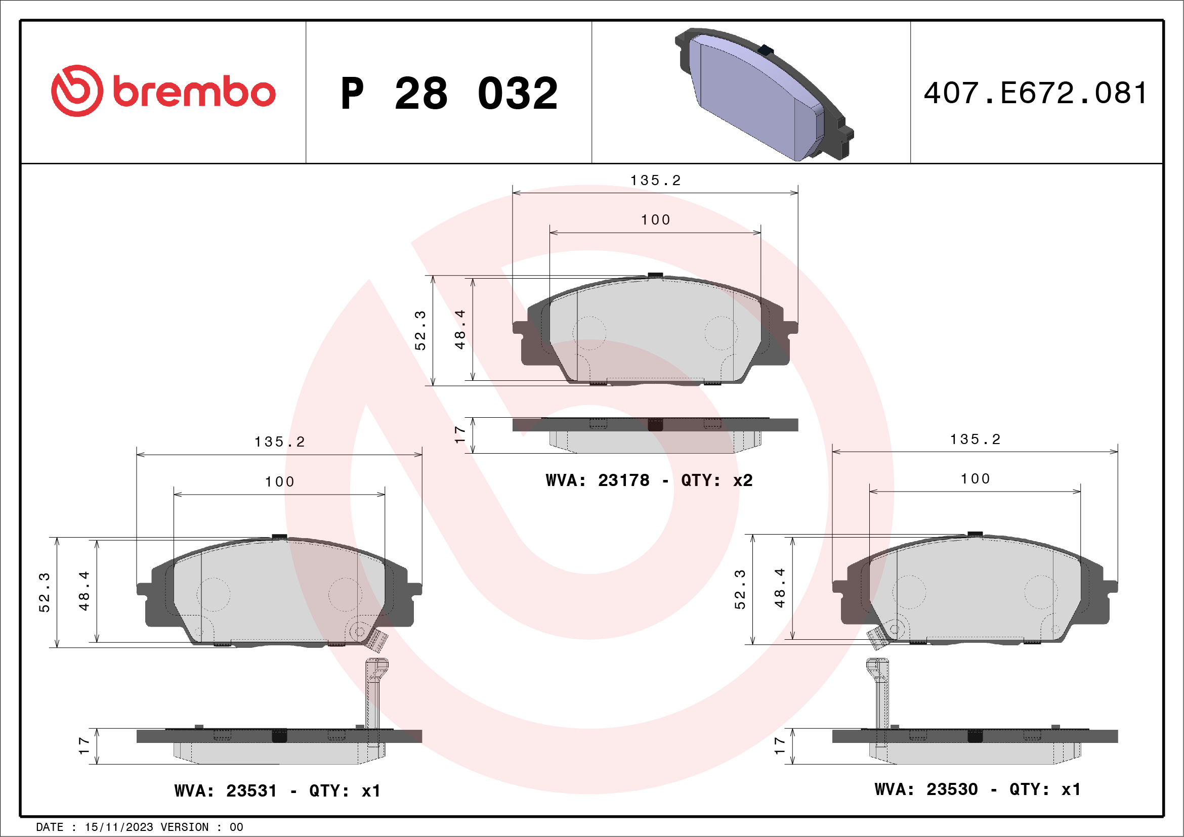 A.B.S. P 28 032 BREMBO Bremsbelagsatz, Scheibenbremse